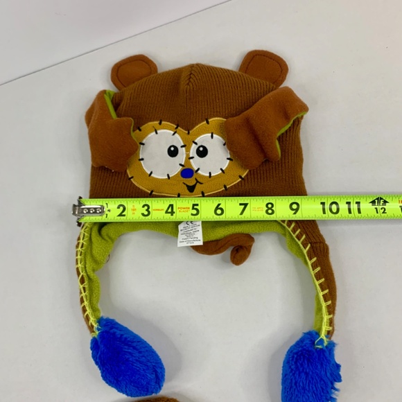 Pair of  kids / youth 🐵 FLIPEEZ HUGGY THE MONKEY tan, blue and green beanie/hat - Picture 9 of 9